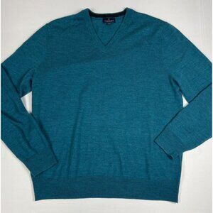 Brooks Brothers Men L Teal Blue Extra Fine Merino Wool V-Neck Sweater